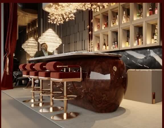 Otel bar alanı, özel formlu bar ve raf sistemi